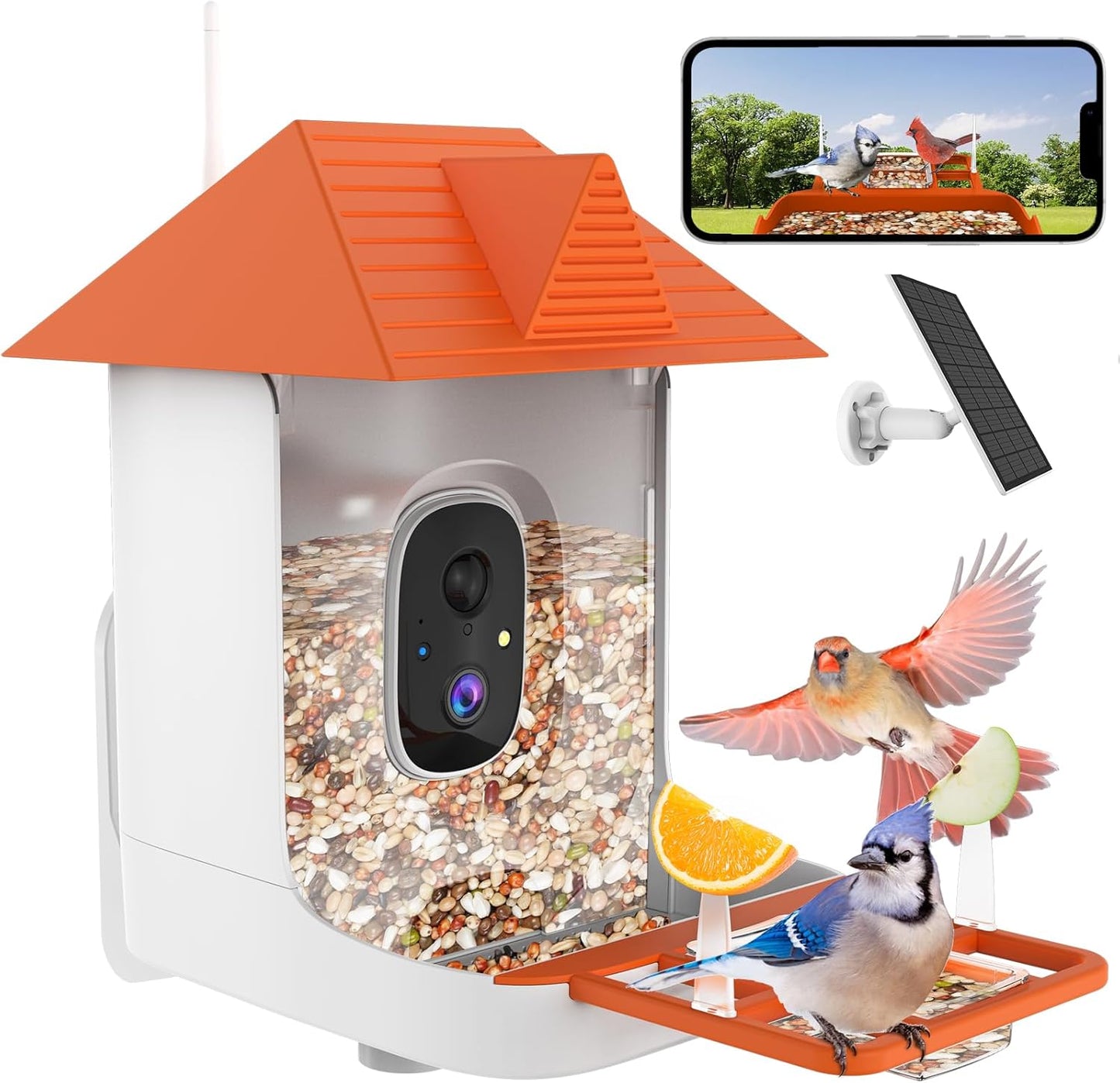 Smart Bird Feeder with Camera,Solar Powered Outdoor WiFi Birds House Camera with Built in AI Identification,Auto Cloud Recording,FHD Video, for Bird Watching,Parents,Orange