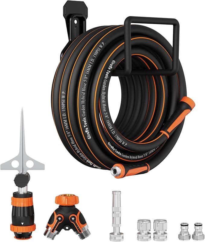 Giraffe Tools Garden Hose 50ft x 5/8", Water Hose Heavy Duty, Flexible with Hose Splitter, Nozzle and Yard Sprinkler, Lightweight Hybrid Hose with Swivel Handle, Male to Female Fittings, Burst 600 PSI