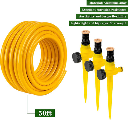 Above Ground Sprinkler System Irrigation Set for Garden Multi-Adjustable Lawn Sprinkler Ideal for Small Areas Plant and Flower Bed Watering, 50ft Yellow Garden Hose Included
