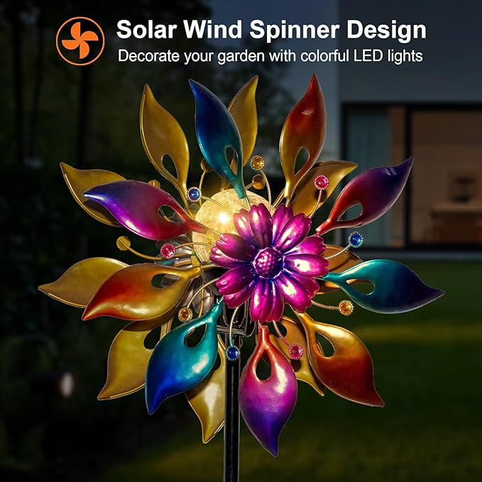 360° Wind Spinners Outdoor with Solar Lights Colored Petals Garden Decor Yard Lawn Art Decor for Patio Kinetic Flower Windmills Unique Gifts for Friends and Family 60.63'' H x 13.38'' Dia