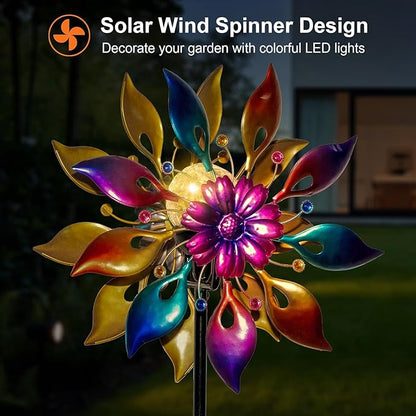 360° Wind Spinners Outdoor with Solar Lights Colored Petals Garden Decor Yard Lawn Art Decor for Patio Kinetic Flower Windmills Unique Gifts for Friends and Family 60.63'' H x 13.38'' Dia