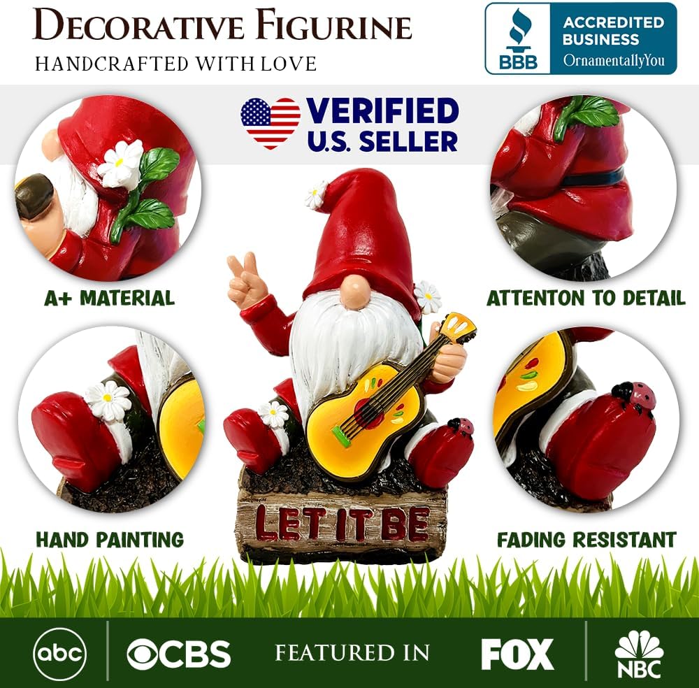 OrnamentallyYou Hippy Gnome with Guitar Garden Statue, Unique Flowers and Peace Sign