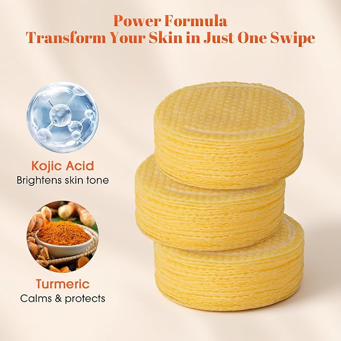 Turmeric Kojic Acid Cleansing Pads: Skin Brightening Exfoliat– Gentle Turmeric Facial Pad for Even Skin Tone, Radiant Complexion – Makeup Cleansing Pads 50