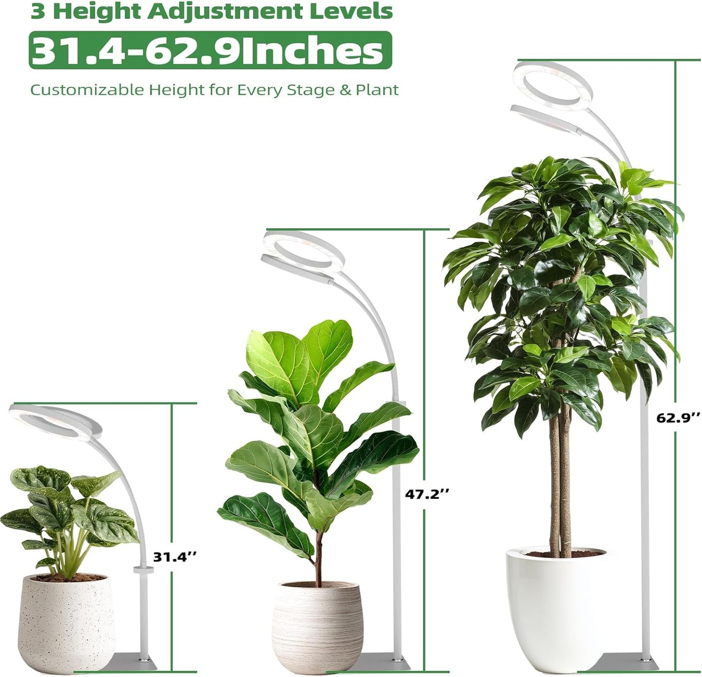 PRONORO Grow Light for Indoor Plants,Full Spectrum 2-Head LED Grow Light,Standing Grow Light for Large Plants,Auto ON/Off Timer,6 Dimmable Levels,3 Spectrum Light Modes,Height Adjustable,36W