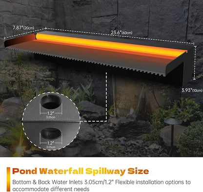 Pool Waterfall Spillway Stainless Steel Pond Fountain, APP Control Colorful LED Lighted Outdoor Black Fountains, Water Flow Spillways Kit for Koi Pond, Swimming Pool, Garden-23.6"x7.8"x3.9"