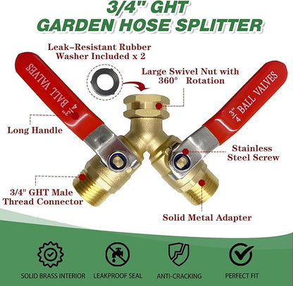 2 Way Garden Hose Splitter, Solid Brass High Flow Spigot Splitter with 3/4” GHT Thread, Individual Shut-Off Valves & Long Handle, Heavy Duty Hose Manifold for Outdoor Faucet