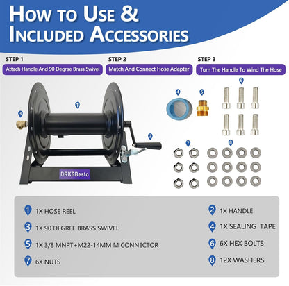 Pressure Washer Hose Reel 3/8" x 350FT, Hand Crank Power Washer Hose Reel with M22 Fitting, 5000 PSI Heavy Duty Hose Reel for Water, High Pressure Washer Reel with Trailer/Wall/Van Mount