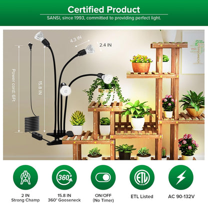 SANSI LED Grow Lights for Indoor Plants, 600W Full Spectrum Gooseneck Clamp Grow Lamp, 40W Power Plant Light with High PPFD for Seeding, Lifetime Free Bulb Replacement