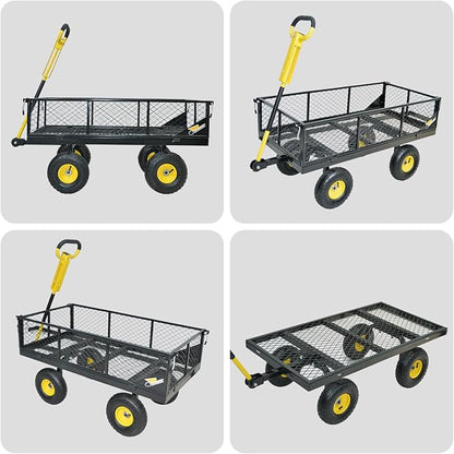 950 lbs Steel Garden Cart, Heavy Duty Yard Utility Wagon with 10" Pneumatic Tires, Removable Mesh Sides and 180° Rotating Anti-Slip 2-in-1 Convertible Handle