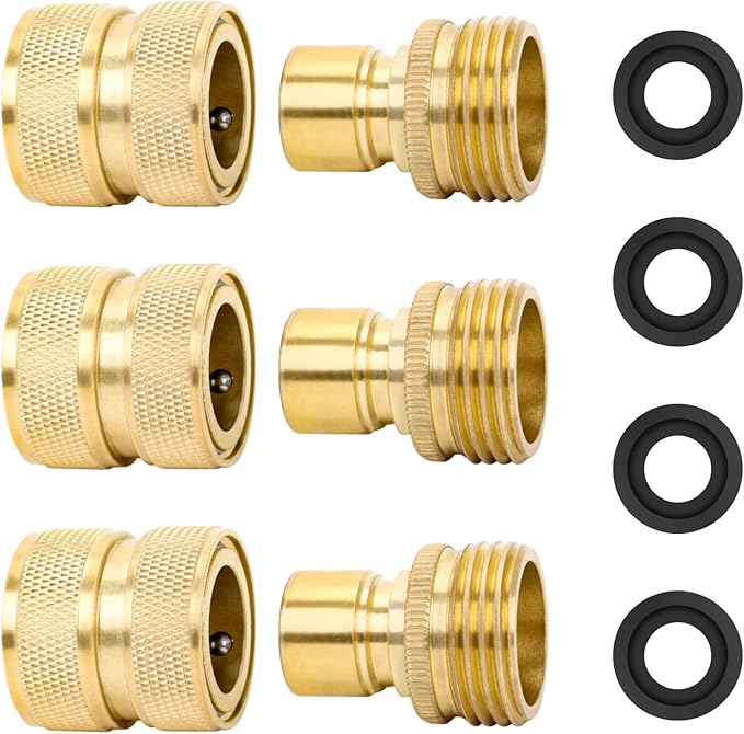 STYDDI Brass Full Flow Garden Hose Quick Release Connect Adaptor Fitting, Full Port Solid Brass Outdoor Water Hose Quick Disconnect Connector Coupler with Male and Female, with 4 Hose Washers - 3 Sets