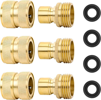 STYDDI Brass Full Flow Garden Hose Quick Release Connect Adaptor Fitting, Full Port Solid Brass Outdoor Water Hose Quick Disconnect Connector Coupler with Male and Female, with 4 Hose Washers - 3 Sets