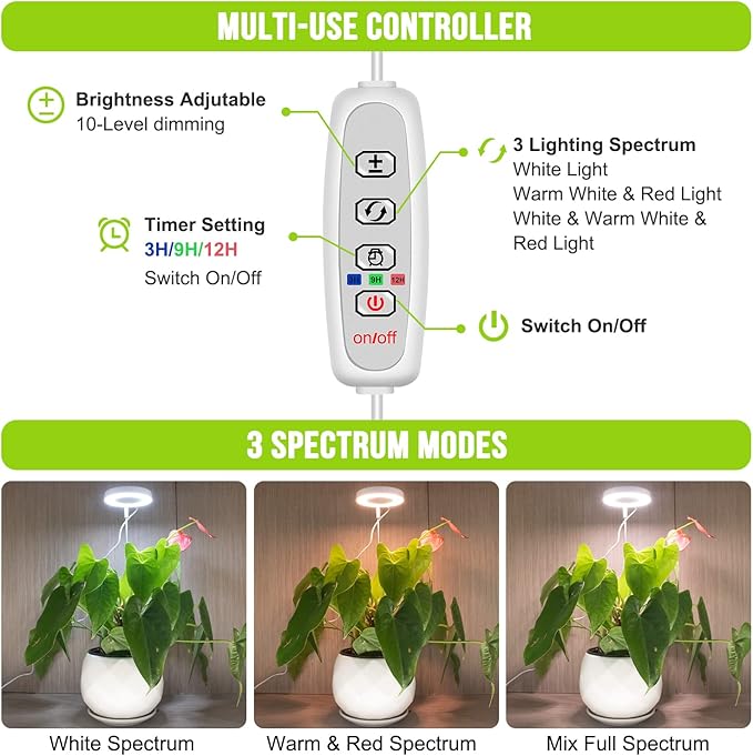 Grow Lights for Indoor Plants, 48 LEDs Full Spectrum Halo Plant Grow Light, Height Adjustable Growing Lamp with Detachable Base, 3/9/12Hrs Timer, 10 Brightness, 3 Color Modes, 5 Pack