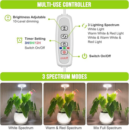 Grow Lights for Indoor Plants, 48 LEDs Full Spectrum Halo Plant Grow Light, Height Adjustable Growing Lamp with Detachable Base, 3/9/12Hrs Timer, 10 Brightness, 3 Color Modes, 5 Pack