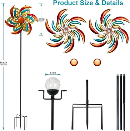 360° Wind Spinners Outdoor with Solar Lights Colored Leaves Garden Decor Yard Lawn Art Decor for Patio Kinetic Windmills Unique Gifts for Friends and Family 60.63'' H x 13.38'' Dia