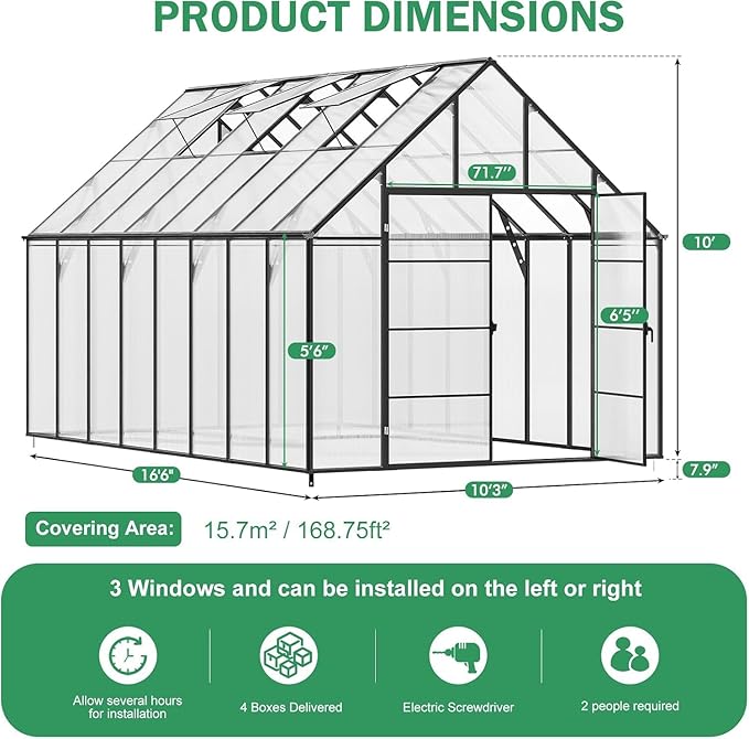 CDCASA 16.5x10.2x10 FT Greenhouse for Outdoors,Easy Assembly Large Polycarbonate Greenhouse Aluminum Greenhouses w/3 Vents Window, Swing Door, Outside Walk-in Green House for Patio, Backyard, Garden