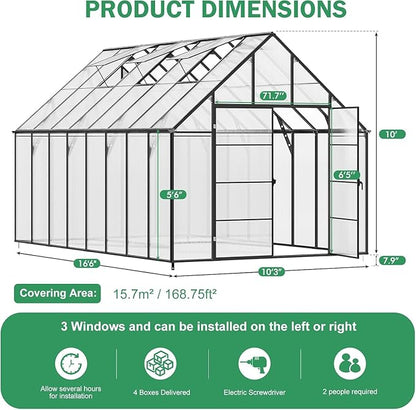 CDCASA 16.5x10.2x10 FT Greenhouse for Outdoors,Easy Assembly Large Polycarbonate Greenhouse Aluminum Greenhouses w/3 Vents Window, Swing Door, Outside Walk-in Green House for Patio, Backyard, Garden