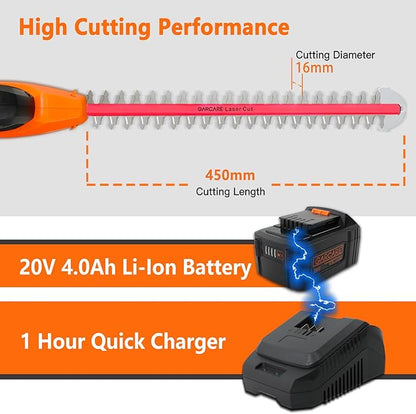 GARCARE Pole Hedge Trimmer Cordless-Hedge Clippers 20V 4.0Ah Li-ion Battery Electric Bush Trimmer 18" Cutting Blade, 16mm Cutting Space with Extension Pole