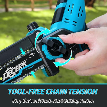 Mini Chainsaw Cordless - DECERK Brushless 6 Inch Electric Chain Saw, Portable Left Handheld Chainsaw Battery Powered for Tree, Branch, Wood, Best Gift Saw Tools for Household & Garden, Men Dad Husband
