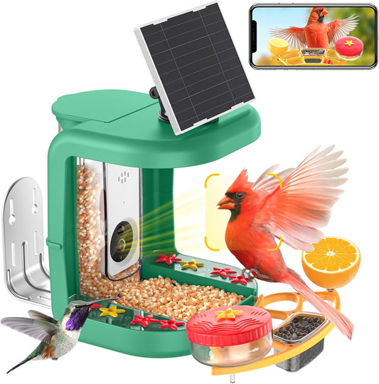 Solar-Powered Smart Bird Feeder with Camera Solar Powered,2K Video Recording, Auto Bird ID & Extensive DIY Accessories,2 in 1 Hummingbird Feeder Camera Ideal Present for Bird Lovers (Green)