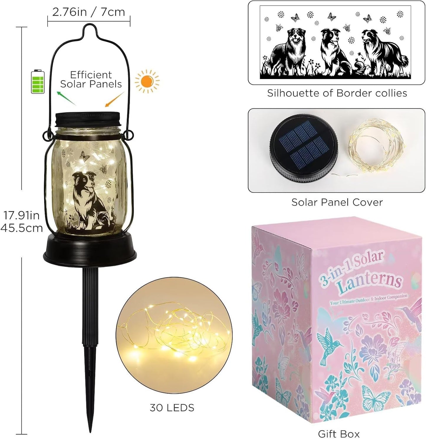 Border Collie Gifts for Women/Men Border Collie Solar Lanterns Dog Mom Birthday, Dog Lovers Lantern, Pet loss Pet Memorial Lights, Solar Garden Decoration Outside for Yard, Patio,Backyard,Porch