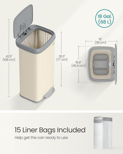 SONGMICS Kitchen Trash Can, 18-Gallon Stainless Steel Garbage Can, with Stay-Open Lid and Step-on Pedal, Soft Closure, Tall, Large and Space-Saving, Sand Beige and Dove Gray ULTB520A01