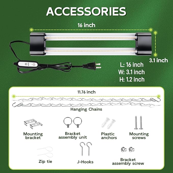 Hlite 16inch 2 Pack LED Grow Lights - Linkable Grow Lights for Indoor Plants, Full Spectrum Plant Lights Plug and Hanging Design with Auto On/Off Timer Hanging Grow Light from Seedling to Flowering