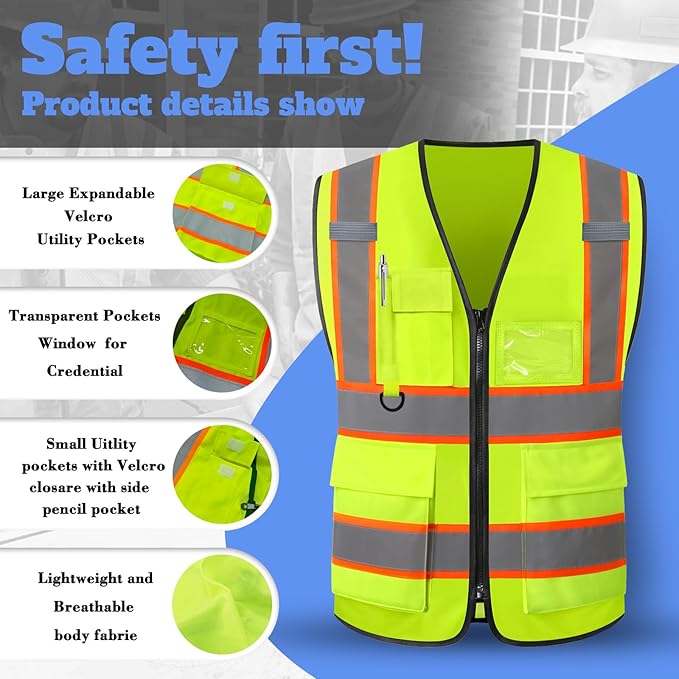 Custom Safety Vest High Visibility Reflective Customized Logo Construction Work Vests Dual Tone Reflective Strips