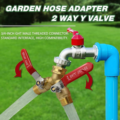 2 Way Garden Hose Splitter, Solid Brass High Flow Spigot Splitter with 3/4” GHT Thread, Individual Shut-Off Valves & Long Handle, Heavy Duty Hose Manifold for Outdoor Faucet