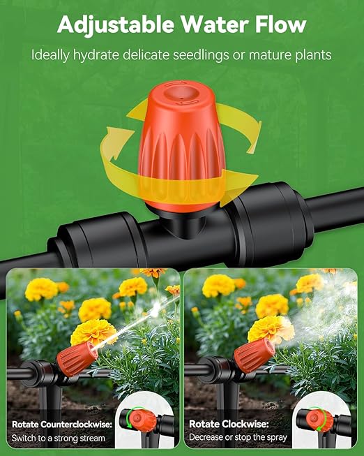 Pawfly 60 Pcs Push-to-Fit Drip Irrigation Spray Emitters with Adjustable 360 Degree Water Flow, Irrigation Drippers with End Plugs, Tee Misting Atomizing Nozzles Micro Sprayers for 1/4 Inch Tubing