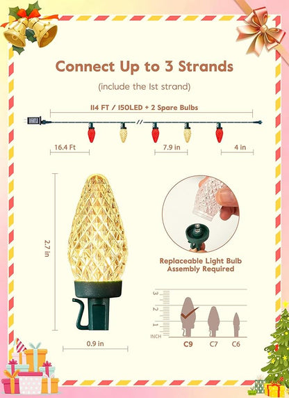Brightown C9 Christmas Lights Outdoor, 114FT 150 LED Red and Warm White String Lights with Timer, 8 Modes, UL Listed Waterproof Connectable Christmas Tree Lights for House, Roof, Garden, Patio Decor