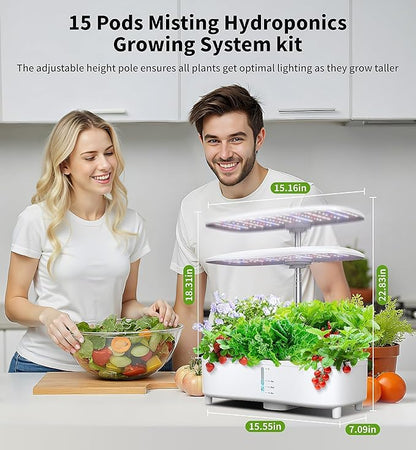 Hydroponics Growing System Kit 15 Pods Misting Indoor Gardening System Indoor Garden Gardening Gifts for Women 5L Water Capacity 48W Grow Light Herb Garden