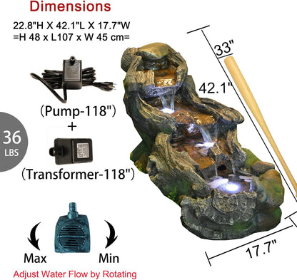 Garden Outdoor Water Fountain - 42.1 Inches Cascading Tiered Wood River Outdoor Fountain with LED Lights and Pumps for Garden, Patio, Backyard, Deck, Porch, Pond and Home Art Decor
