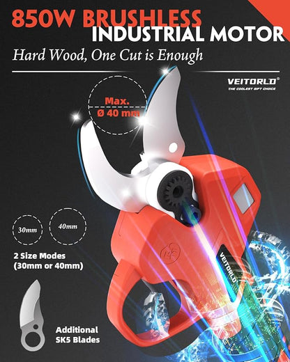 VEITORLD Electric Pruning Shears, Upgraded 1.6" Cutting Diameter Cordless Pruner with Brushless Motor, 2 * 2000mAh Rechargeable Batteries & SK5 Blade, Effortless Garden Pruning Tool for Tree Branches