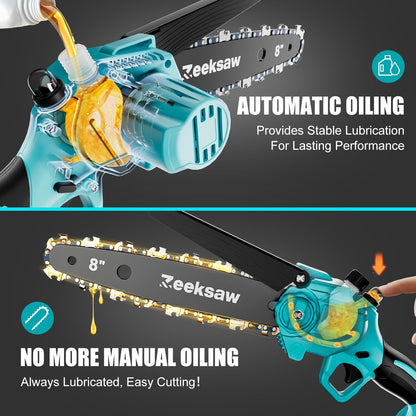 8 Inch Electric Chainsaw Cordless With Auto Oiler, Seniors Friendly Batteries Powered Hand held Chain saw Kit, Automatic Chain Tensioning & Auto Oiler For Tree Branches, Courtyard, And Garden