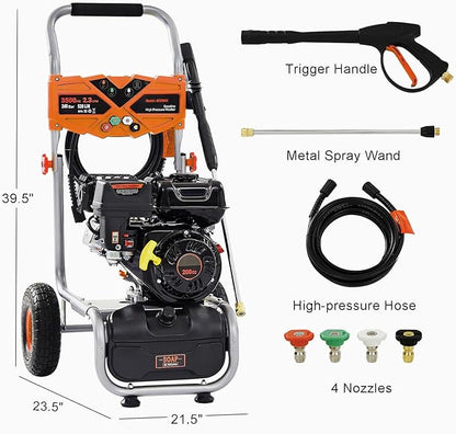 Gas Pressure Washer 3500 PSI, 2.3 GPM Heavy Duty High Power Washer,209CC 7HP Engine with 25Ft Pressure Hose, Axial Aluminum Pump, Soap Tank, Spray Gun and Wand, 4 Quick Connect Nozzle (Orange)