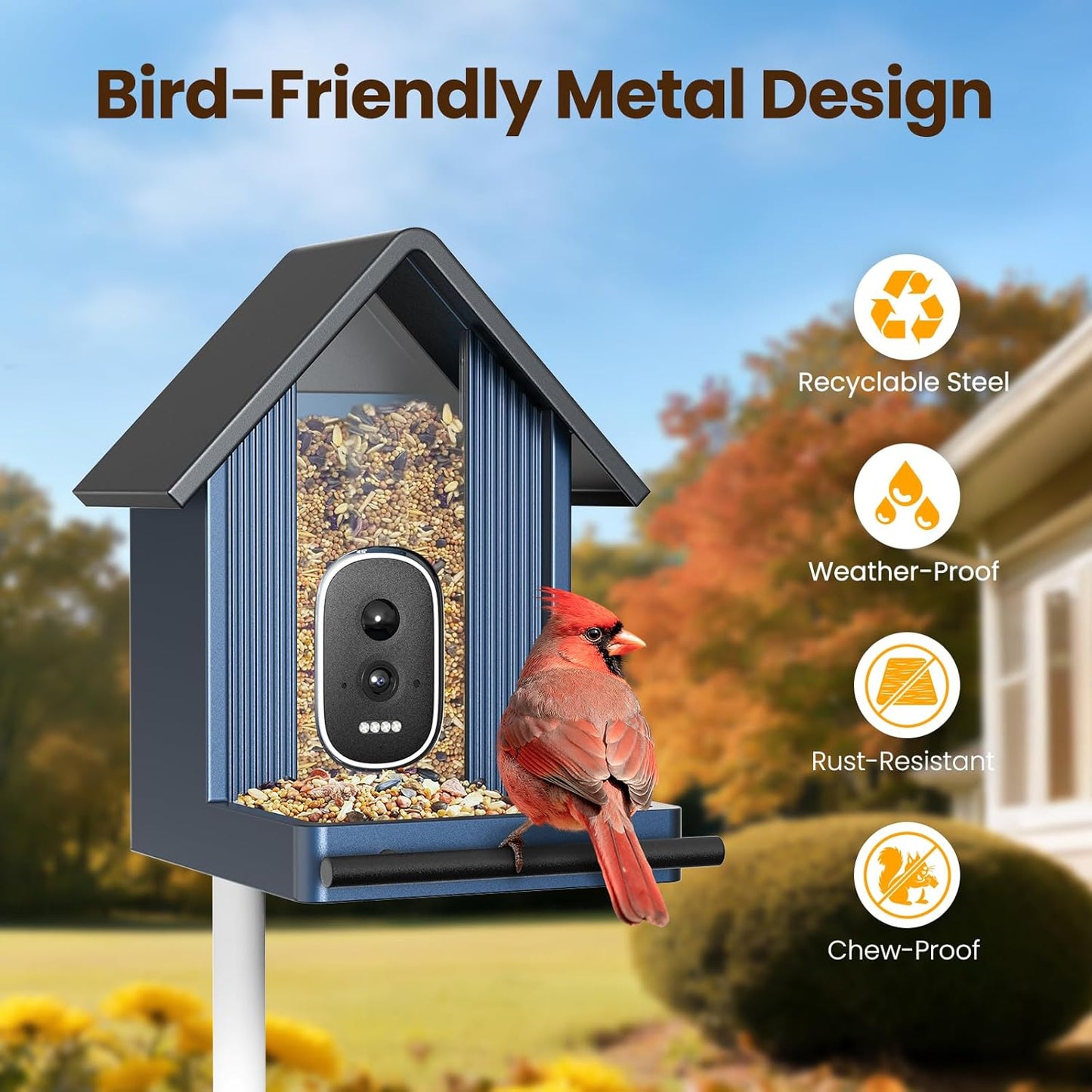Metal Smart Bird Feeder with Camera, 2.5K UHD Bird Camera AI Identifies 11,000+ Bird's Species, Real-time Bird's Videos & Pictures, Solar Powered Wireless Outdoor, Ideal Gift