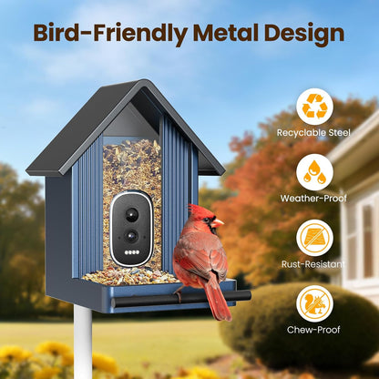 Metal Smart Bird Feeder with Camera, 2.5K UHD Bird Camera AI Identifies 11,000+ Bird's Species, Real-time Bird's Videos & Pictures, Solar Powered Wireless Outdoor, Ideal Gift