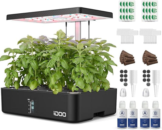 iDOO Hydroponics Growing System Kit 12Pods, Christmas Gifts for Women Mom, Herb Garden Indoor with LED Grow Light for Home, Built-in Fan, Auto-Timer, Adjustable Height Up to 11.3", 12Pods Kit-Black