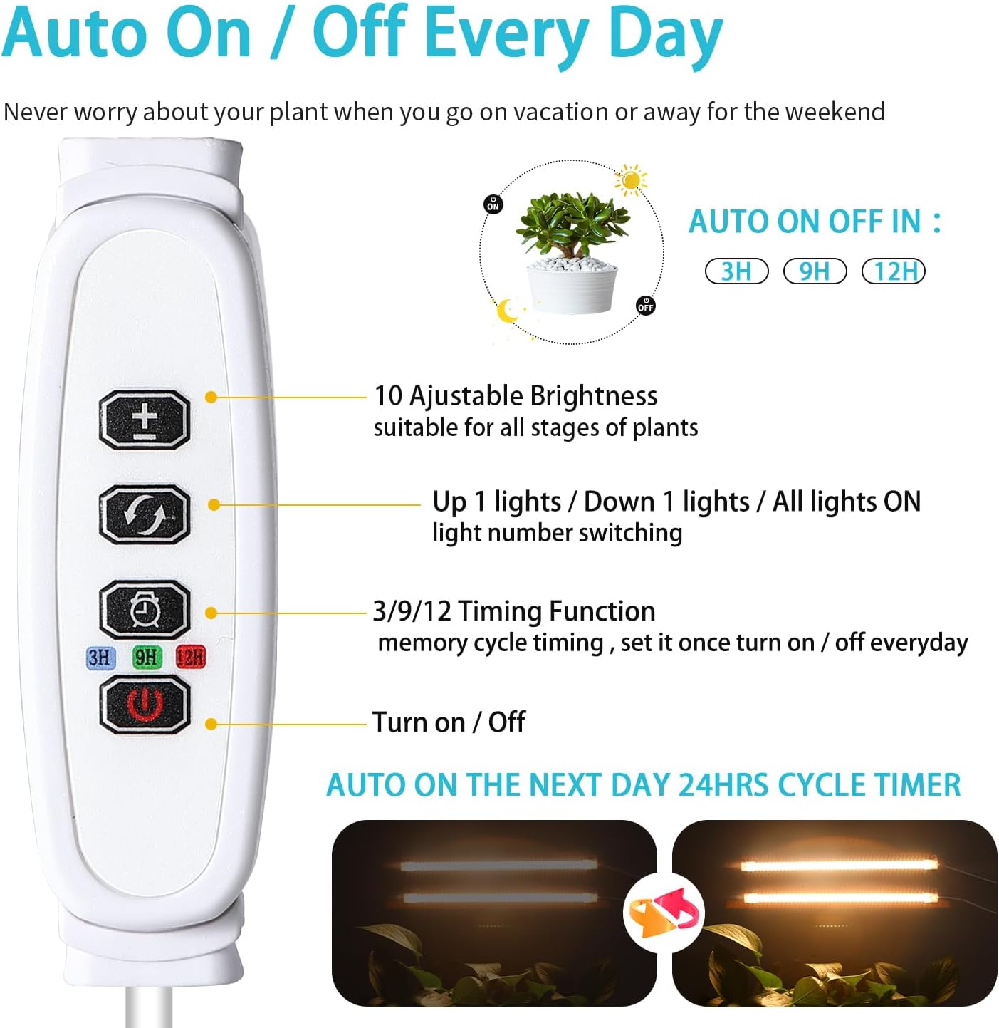 LED Grow Light Strips for Indoor Plants Full Spectrum 3500K, 96 LEDs Plant Light Bar with 3/9/12H Timer, 10 Dimmable Levels for Seedling Succulent, 13 Inches 2 Head