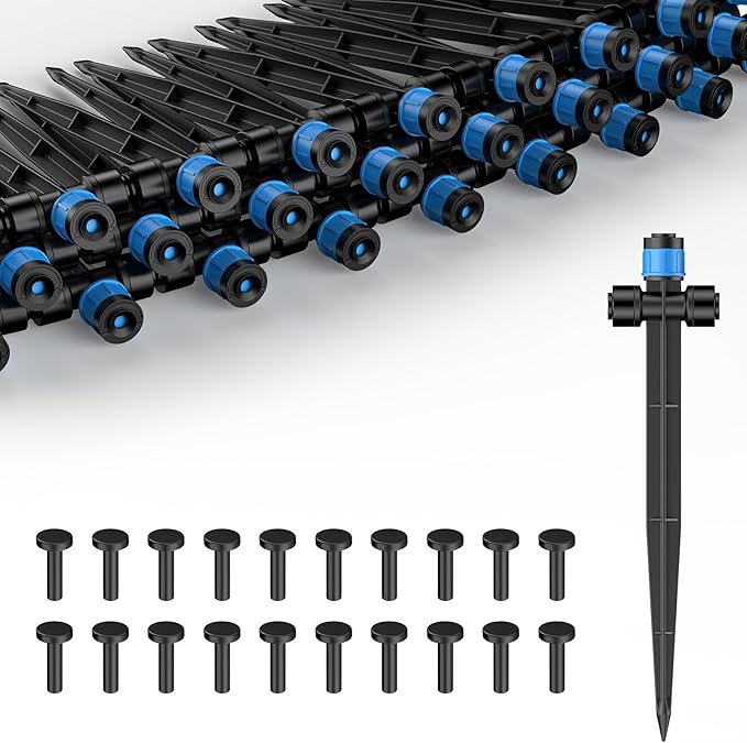 Pawfly 60 Pcs Push-to-Fit Drip Irrigation Emitters for 1/4 Inch Tubing with Stake & End Plugs, Two-Way Connection Irrigation Drippers, Drip Emitters Sprayers with Adjustable 360 Degree Water Flow