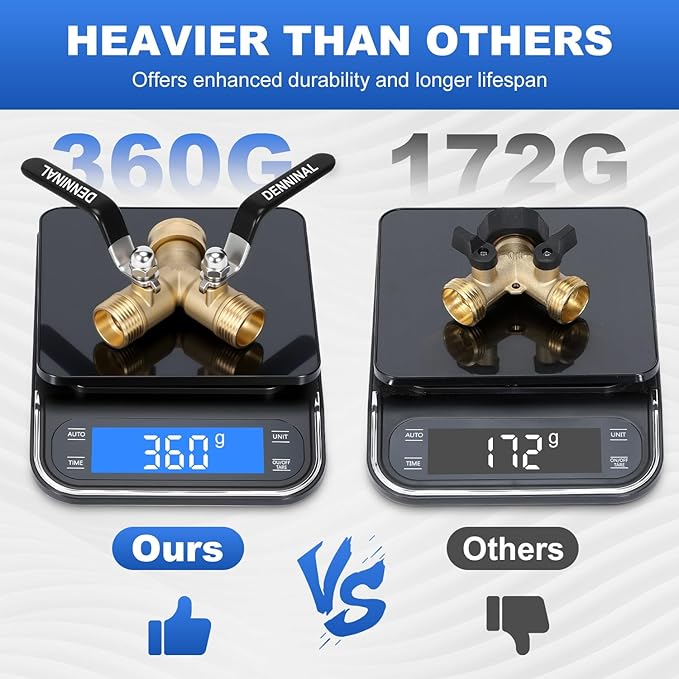 Garden Hose Splitter, Brass Hose Splitter 2 Way Heavy Duty, Leakproof Water Spigot Splitter with Stainless Steel Long Handle, Durable All-Metal Y Adapter with Shut-Off Valve, 3/4 GHT Splitter