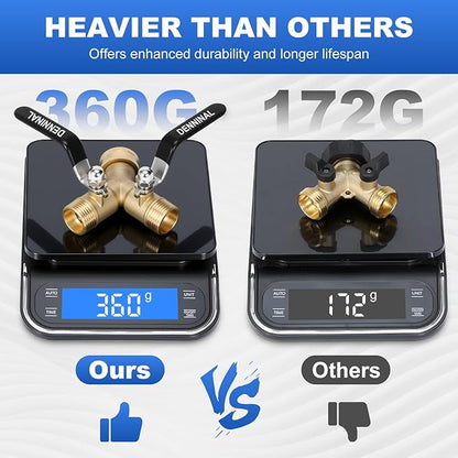 Garden Hose Splitter, Brass Hose Splitter 2 Way Heavy Duty, Leakproof Water Spigot Splitter with Stainless Steel Long Handle, Durable All-Metal Y Adapter with Shut-Off Valve, 3/4 GHT Splitter