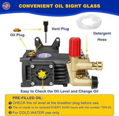 Pressure Washer Pump Max 4400 PSI 4 GPM, 1" Shaft Horizontal Gas Power Washer Pump Replacement, Direct Drive Triplex Plunger Replacement Pump with Pressure Adjustment Unloader, 5 Nozzle Tips