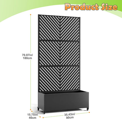 Metal Raised Garden Bed with Trellis, 2-in-1 Planter Box & Privacy Screen for Climbing Plants, Outdoor Standing Flower Bed with Drainage Holes, 35.4" L x 15.7" W x 70.1" H, Black-Parallel