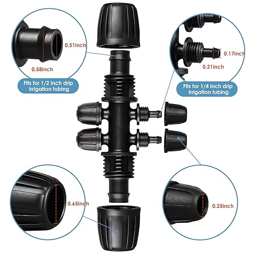 1/2 Inch Drip Irrigation Fittings Kit: 18 Pieces Drip Locked Nut Connectors for 1/2" Drip Irrigation Tubing (1/2" ID x0.6-0.65" OD) Couplings Tees Elbows Plugs Valves Reducing Tees
