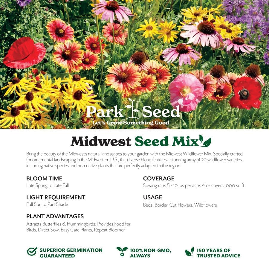 Park Seed Grow Your Own Vibrant Annual and Perennial Wildflower Garden Seeds Mixture, Easy to Grow Varieties for Pollinators and Spring Gardens - Midwest Regional Mix, 5 lbs