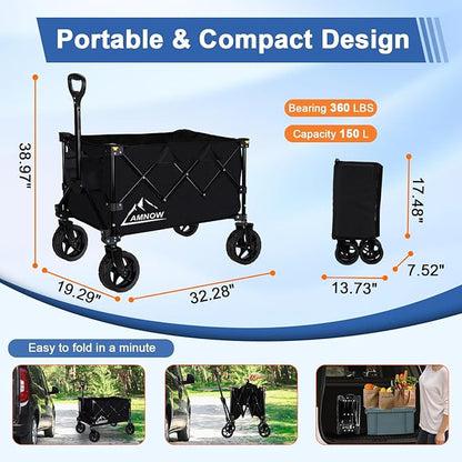 Collapsible Wagon Cart with Wheels Foldable, Folding Wagons Carts with Silent Universal Wheels, Large Grocery Cart On Wheels, Heavy Duty Utility Wagon for Shopping Beach Sports Fishing Camping, 150L