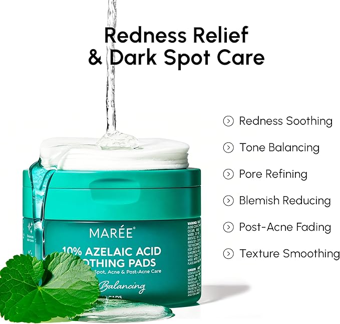 MAREE Azelaic Acid Toner Pads – Exfoliating Pads with Glycolic & Hyaluronic Acid for Face – 10% Azalecic Acid & Centella Redness Soothing Pad – Zero Pore Facial Acne Care Toning Pad – Acido Azelaico