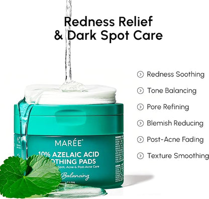 MAREE Azelaic Acid Toner Pads – Exfoliating Pads with Glycolic & Hyaluronic Acid for Face – 10% Azalecic Acid & Centella Redness Soothing Pad – Zero Pore Facial Acne Care Toning Pad – Acido Azelaico