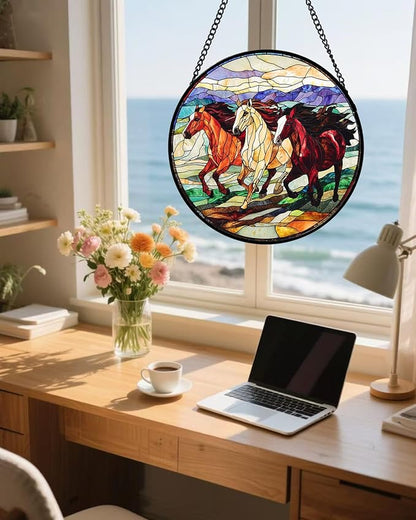 Stained Glass Window Hanging, Galloping Horses Sun Catcher for Door Home Decor Colorful Suncatcher Christmas Mother's Day Birthday Gifts for Women Men Mom and Nana 15 in